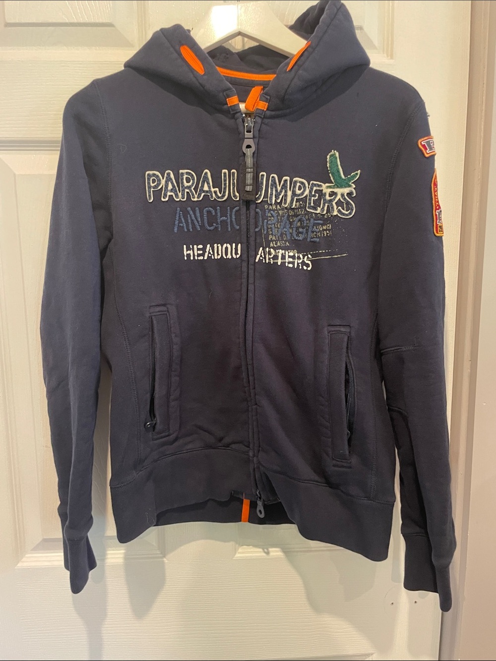 Parajumpers Navy Zip Hoodie with Orange Trim and Green Patch